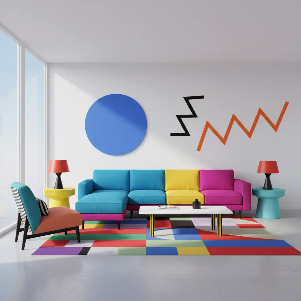 Memphis style living room with geometric rug and colorful furniture arranged with negative space