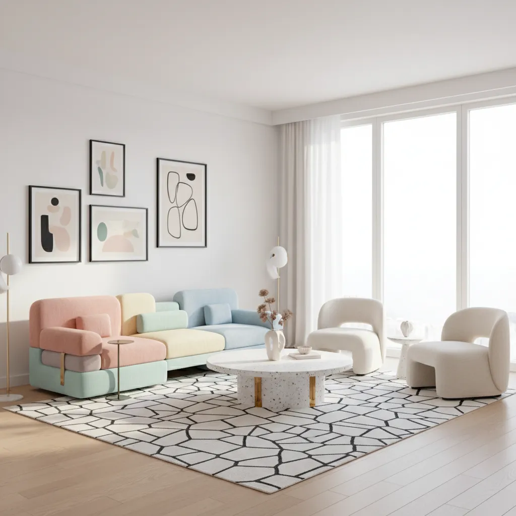 Contemporary living room with Memphis style accent furniture and geometric rug