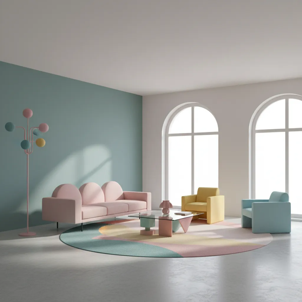 Memphis style living room with colorful geometric furniture and patterned rug