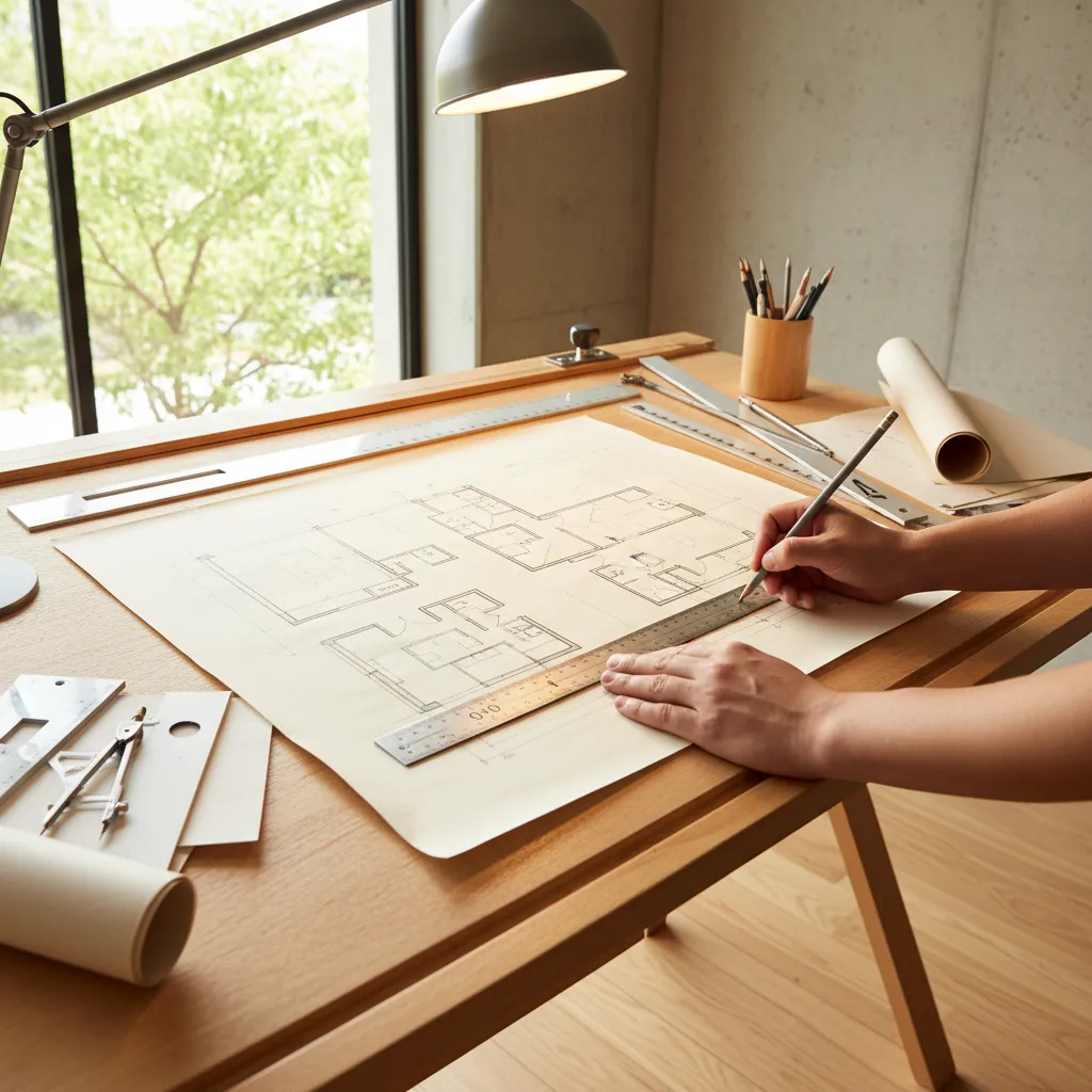 Menggambar denah rumah secara manual di atas kertas