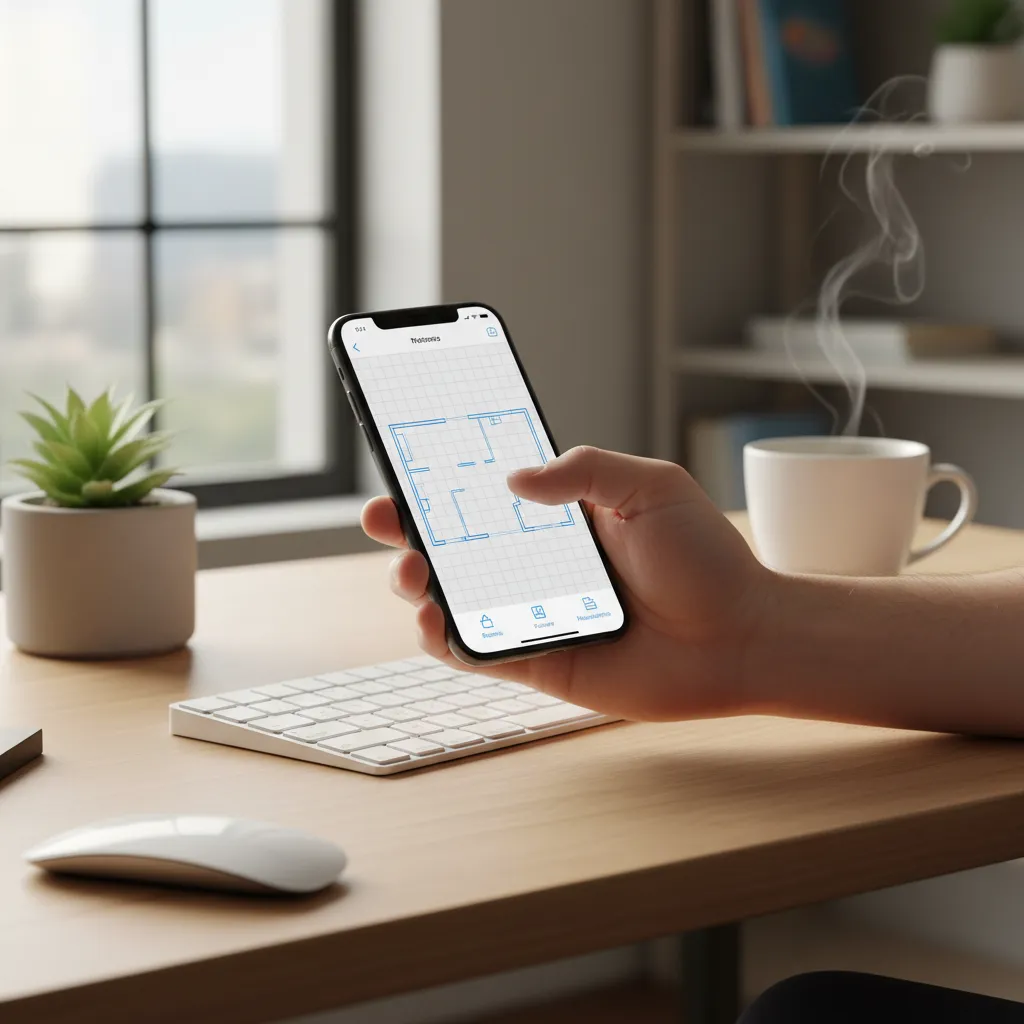 Seseorang menggambar dinding rumah pada aplikasi desain di smartphone