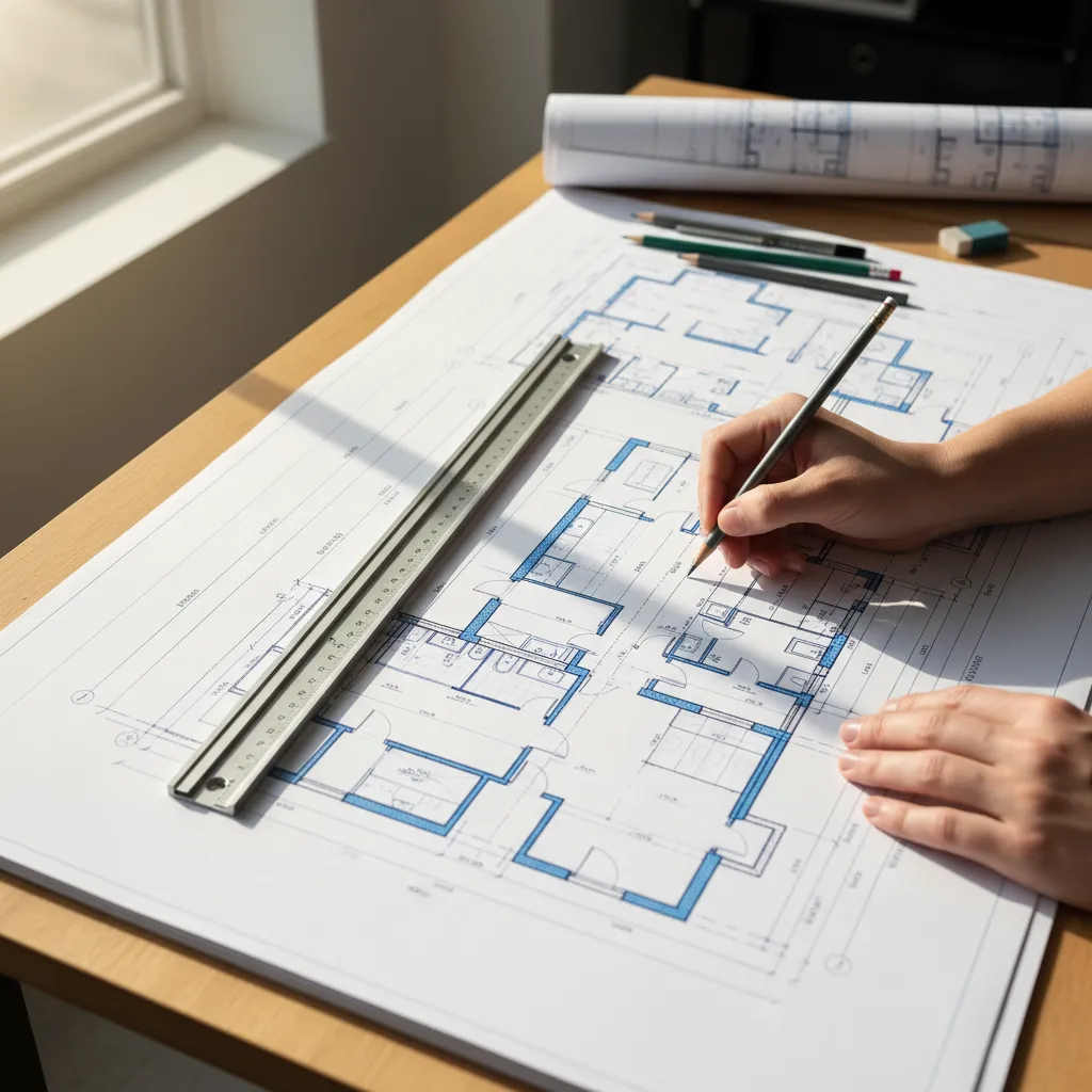 Person drawing house floor plan on wooden table using pencil and ruler with blue walls
