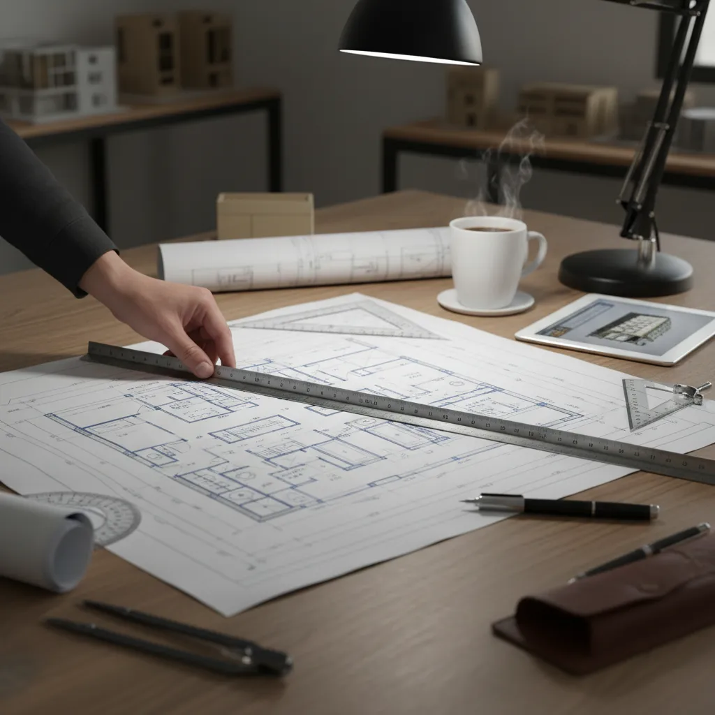 Hand using ruler to measure floor plan drawing on wooden desk with coffee and lamp