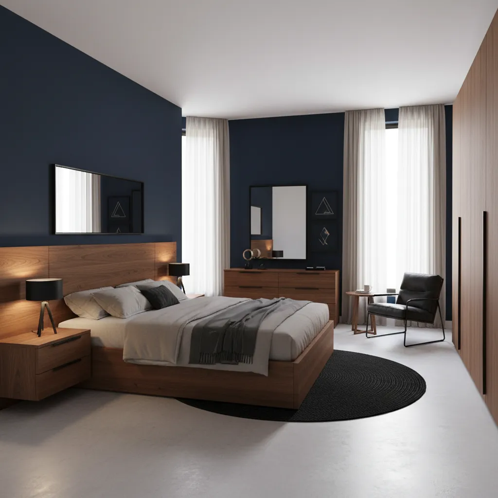 men's bedroom using navy walls wood furniture and neutral bedding