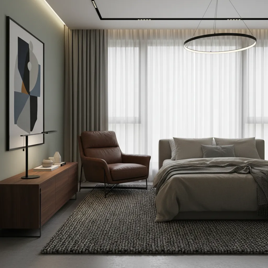 men's bedroom with leather chair wool rug and wood furniture textures