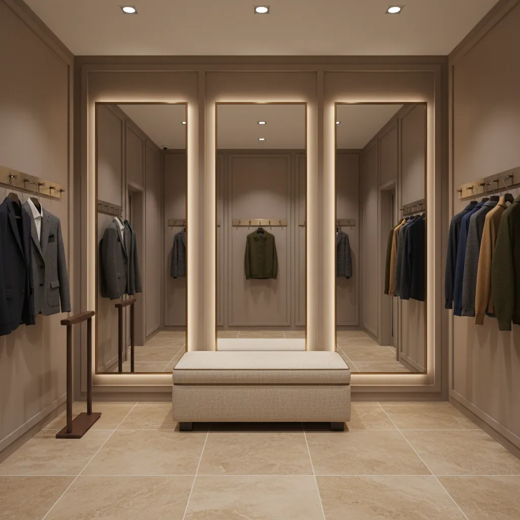 comfortable menswear fitting room area with seating mirrors and warm lighting