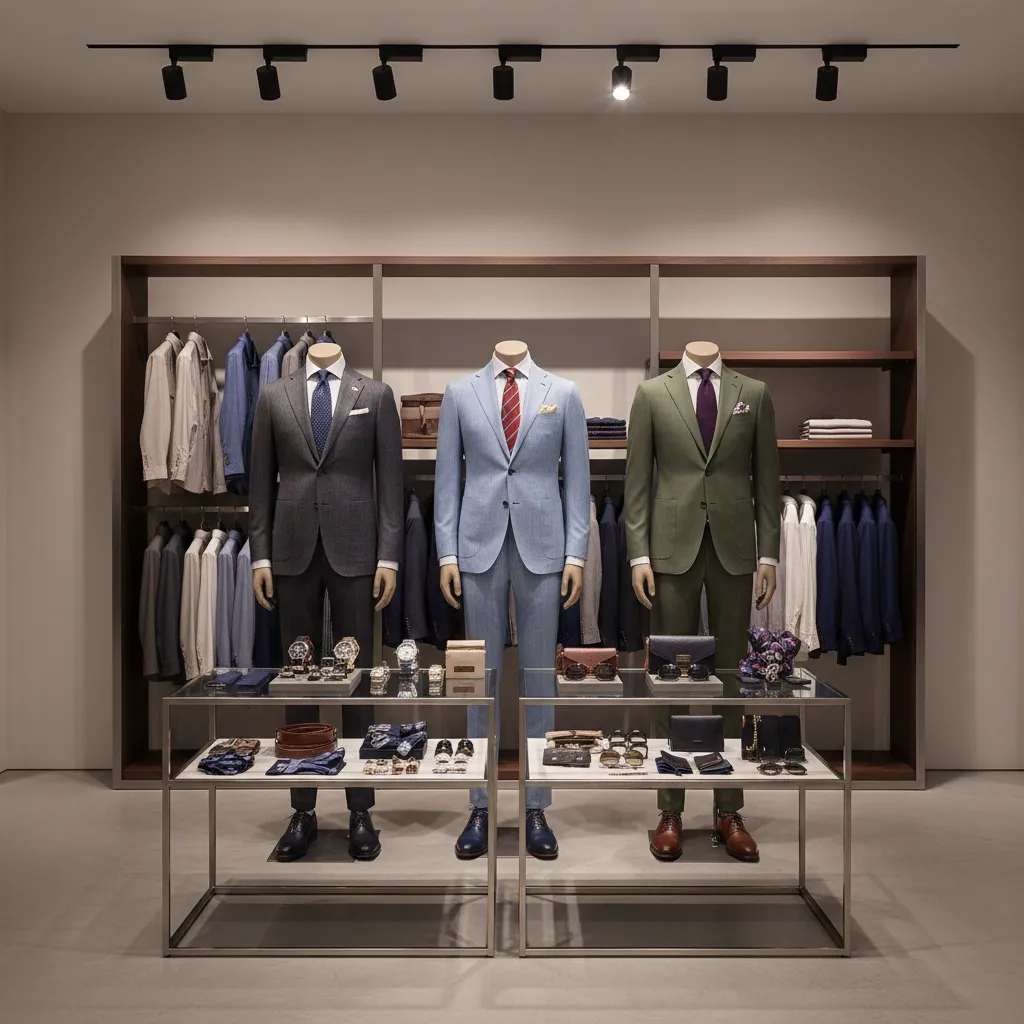 menswear store display combining suits shirts and accessories on mannequins