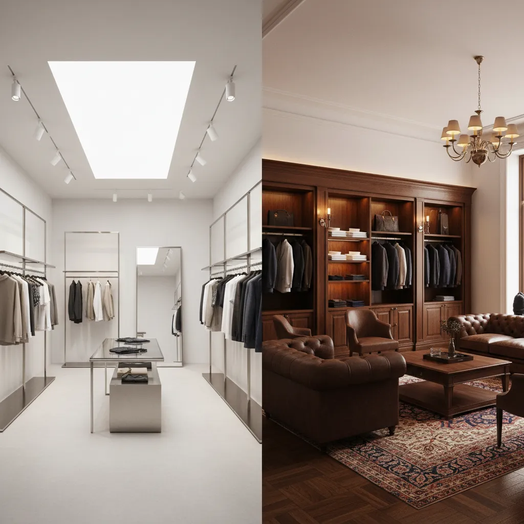 Comparison of modern minimalist fashion store and classic luxury suit boutique interiors