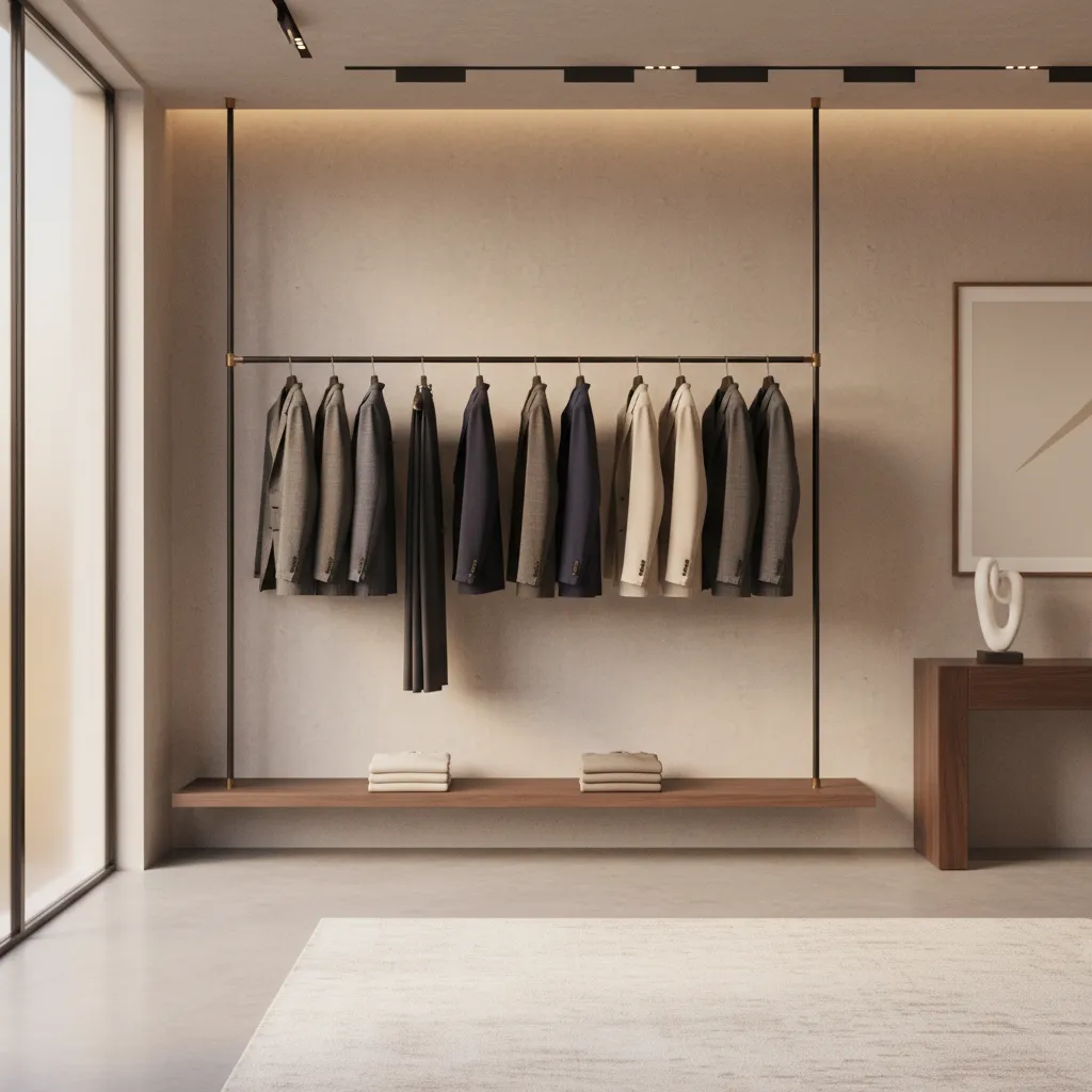 Menswear clothing rack with well spaced jackets and minimalist retail display