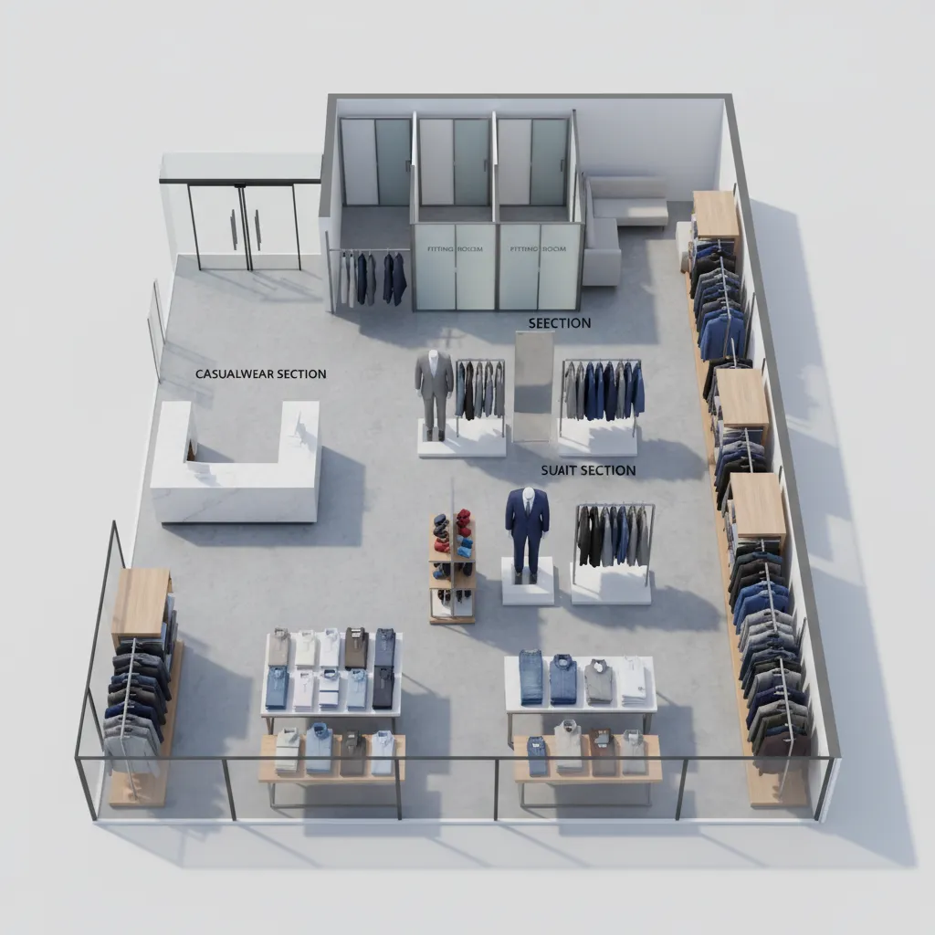 3D floor layout visualization of a menswear retail store with clear customer pathways