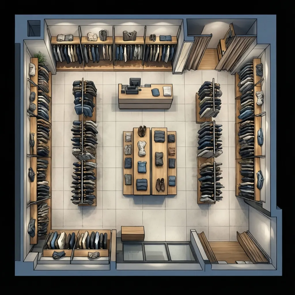 architectural floor plan for menswear boutique showing racks and fitting rooms