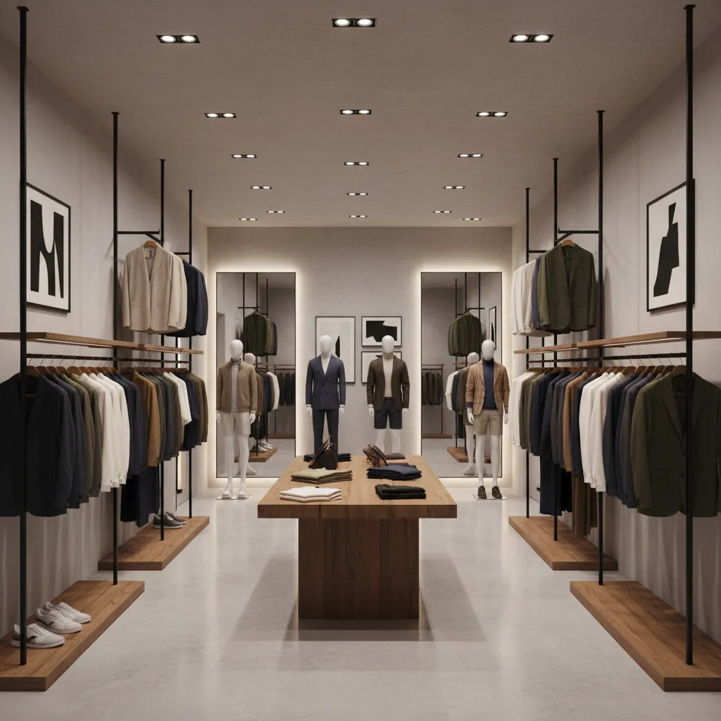 Interior overview of a modern menswear clothing store with organized racks and mannequins