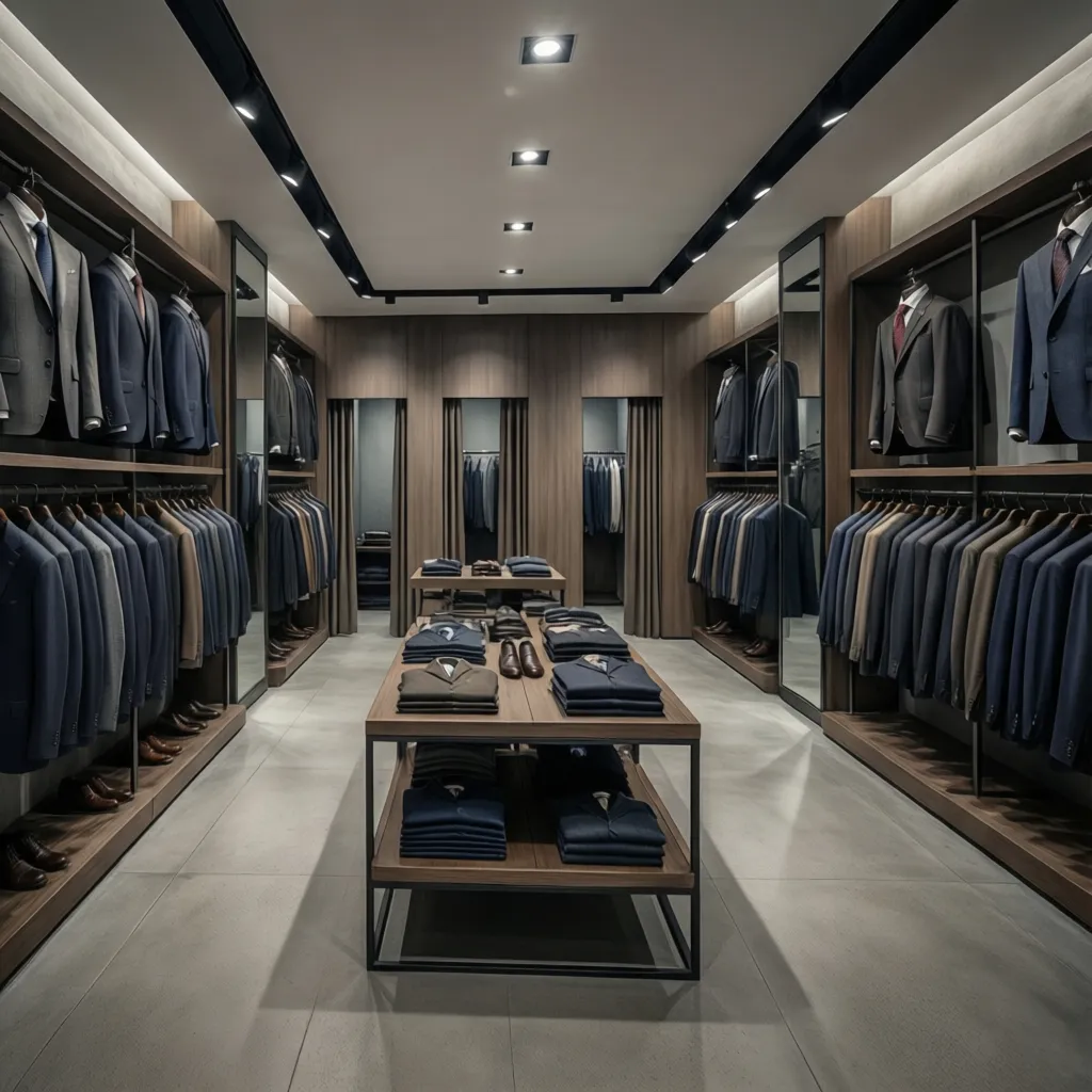 organized menswear retail store interior with display racks and fitting rooms