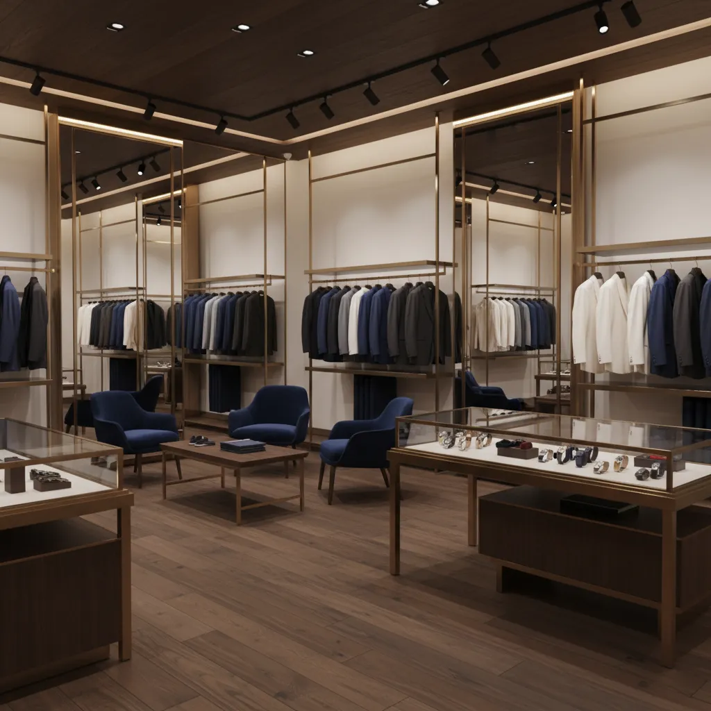 menswear boutique interior with mirrors and accent lighting highlighting suits