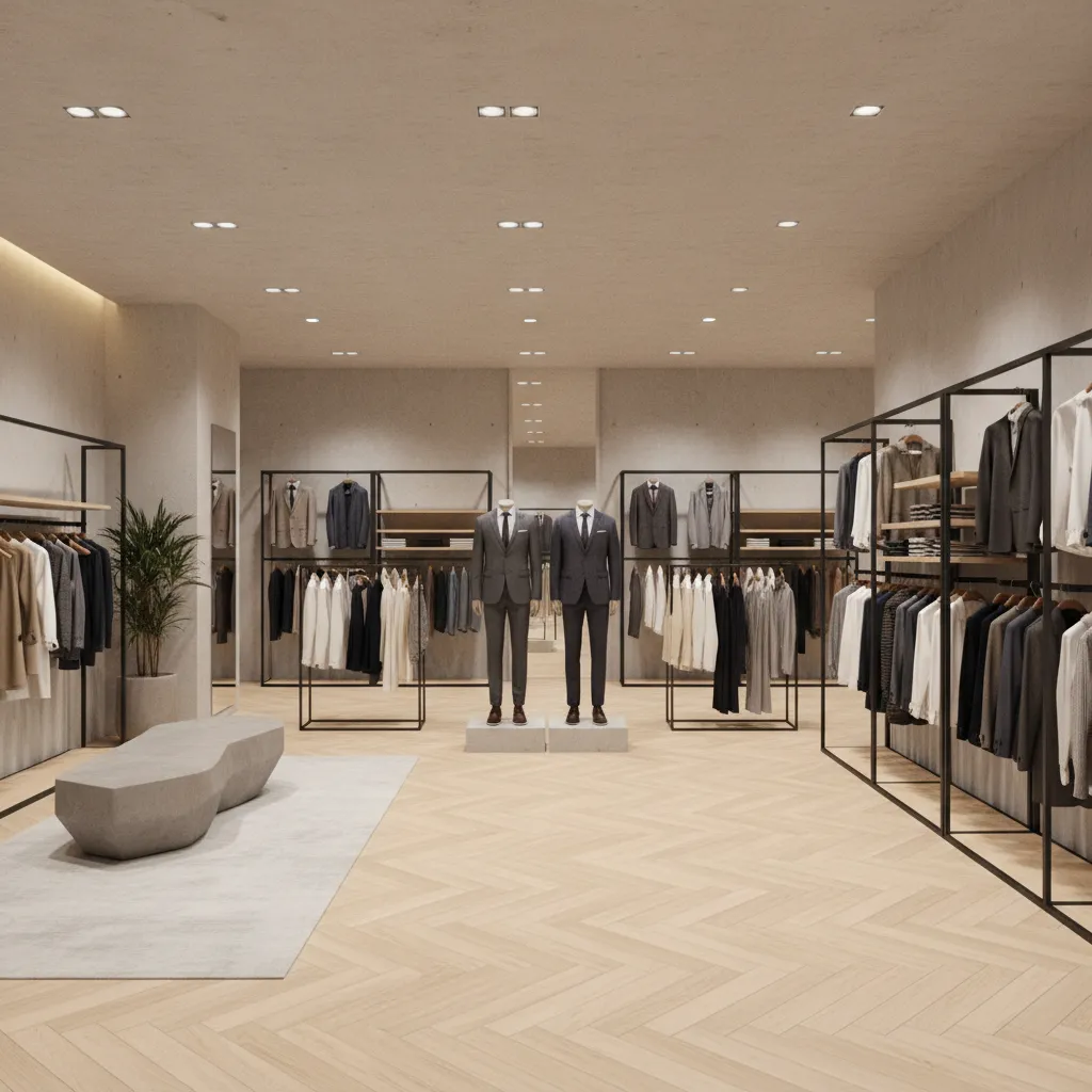 menswear store zoning showing decompression area mannequins and suit display sections