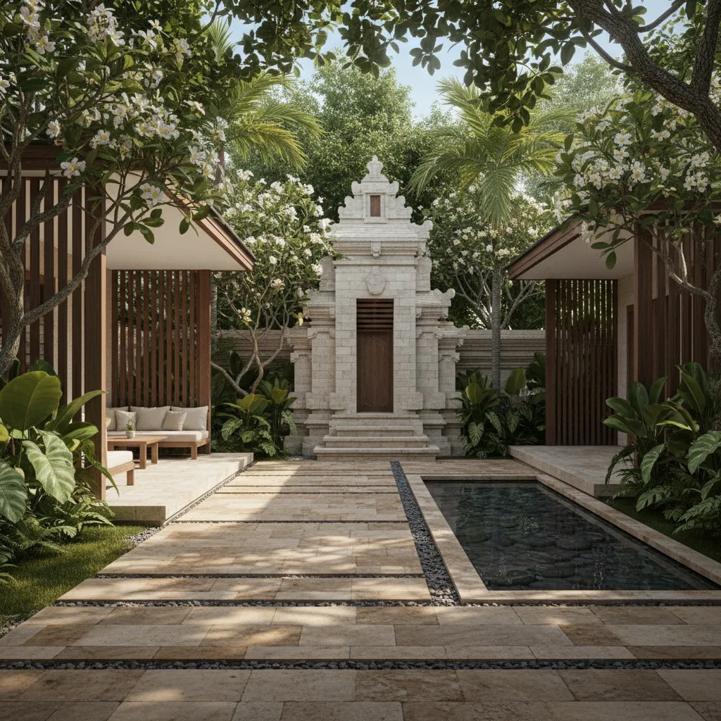 Modern courtyard with stone path small pool wooden seating area traditional stone gate and plants