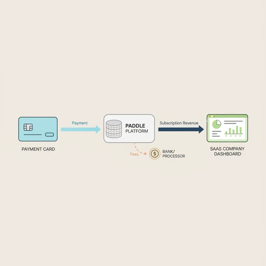 simplified merchant of record payment flow diagram showing user paddle and software company