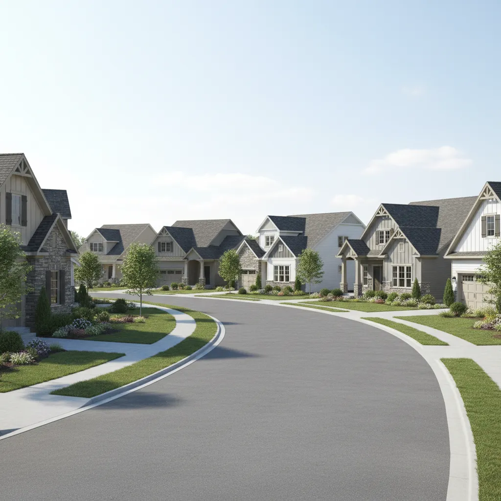 Row of newly built homes showing different exterior color palettes