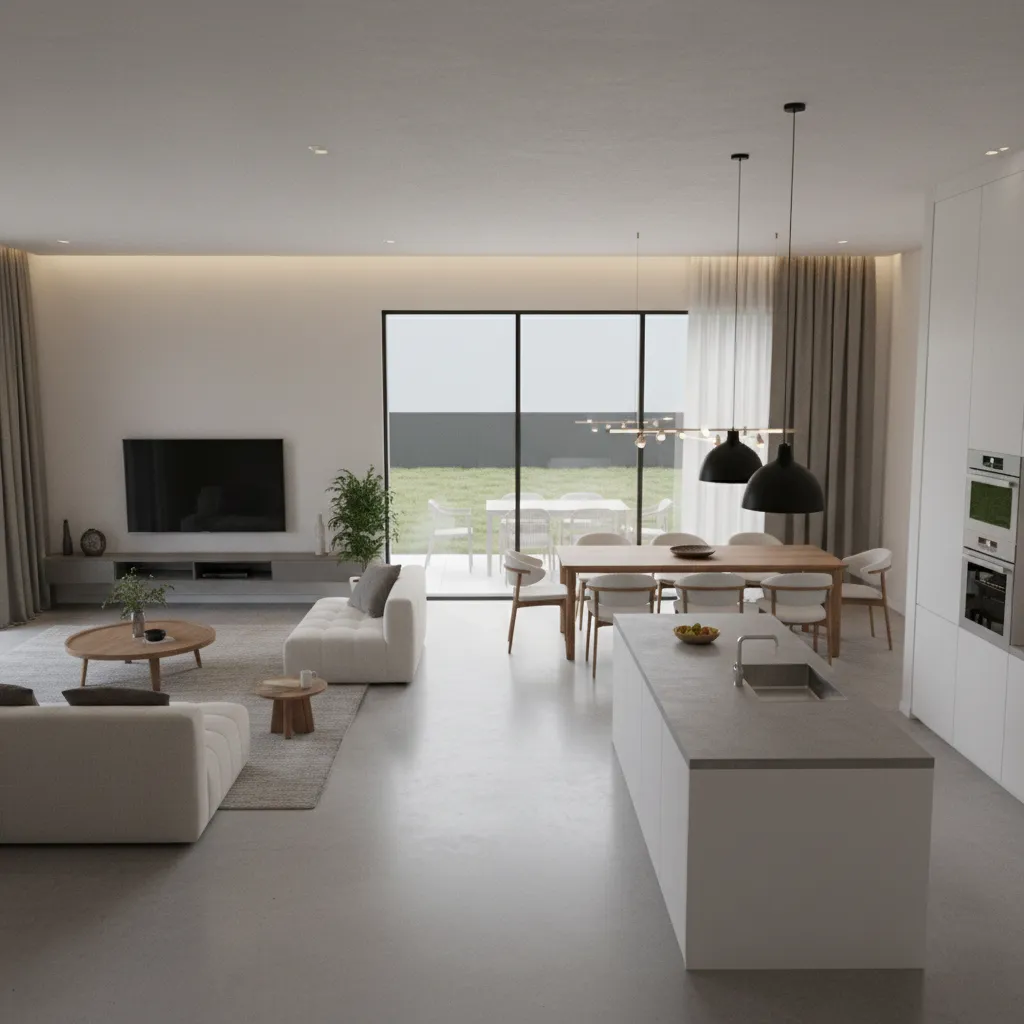 Modern minimalist living space with white kitchen island dining table and large glass sliding doors