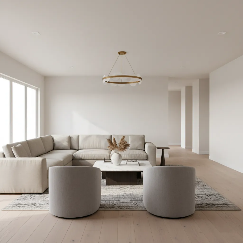 Spacious living room with beige sectional sofa, grey chairs, marble coffee table, and ceiling light