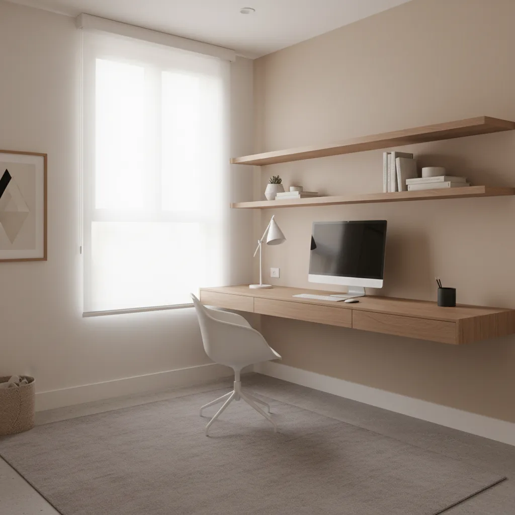 Minimalist home office with floating wooden desk, white chair, computer, two wall shelves, and window