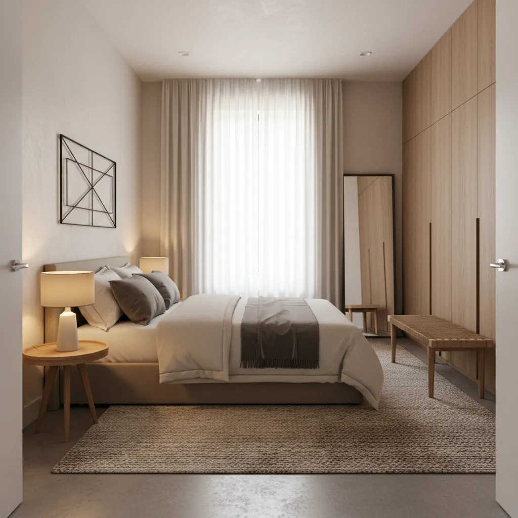 Neutral modern bedroom featuring large bed, wooden wall panels, bedside table, floor mirror, and curtains