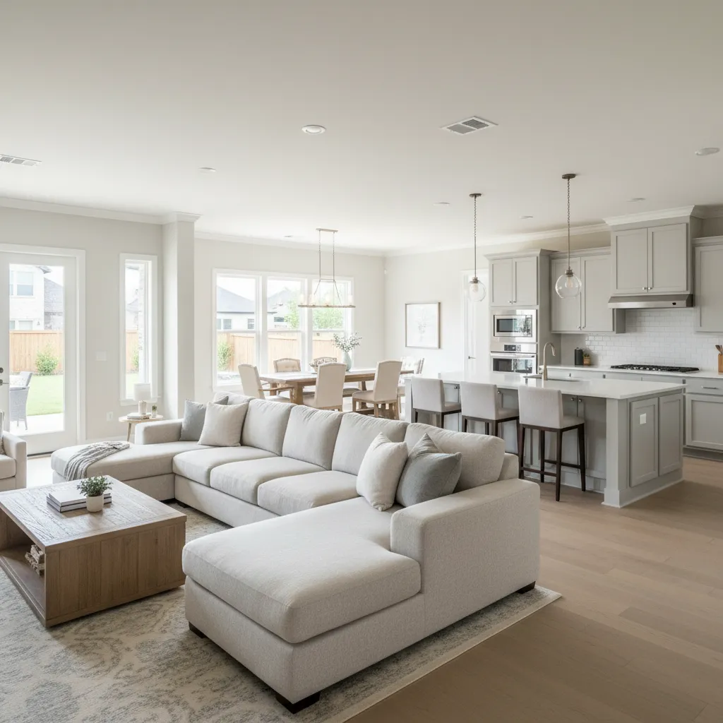 Bright open living room featuring large white sectional sofa wooden coffee table and kitchen island area