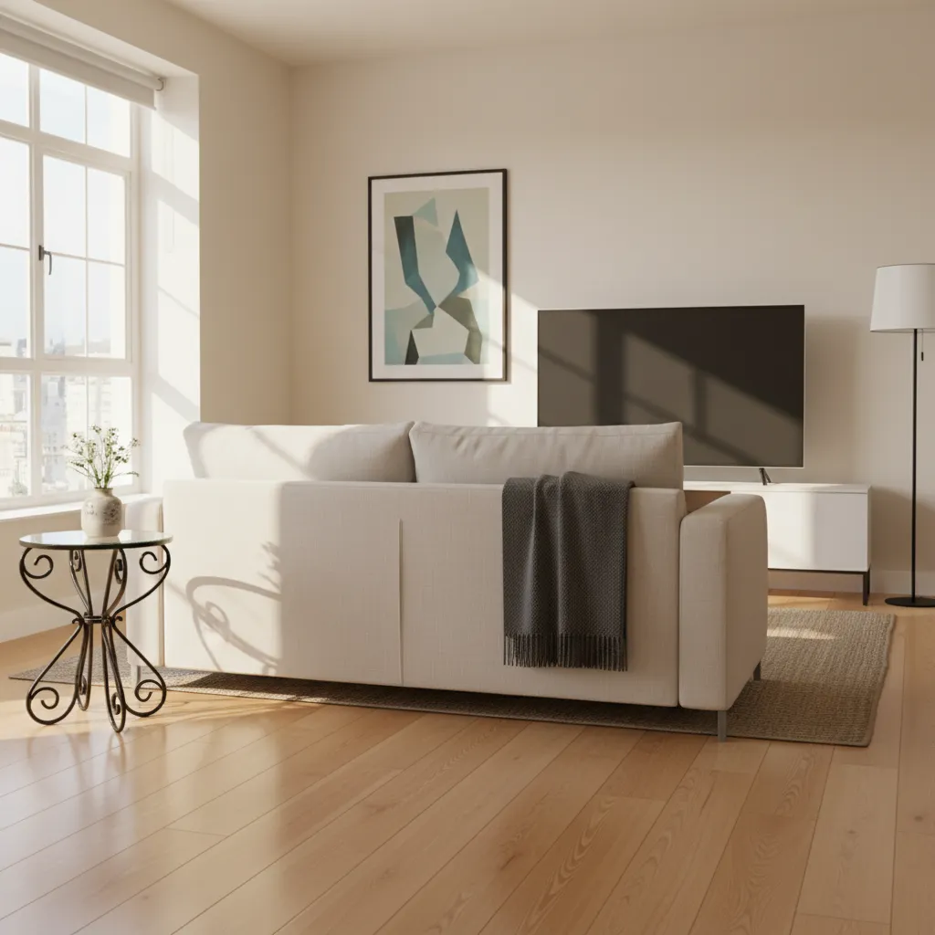 Modern living room with a beige sofa side table television floor lamp and wood flooring