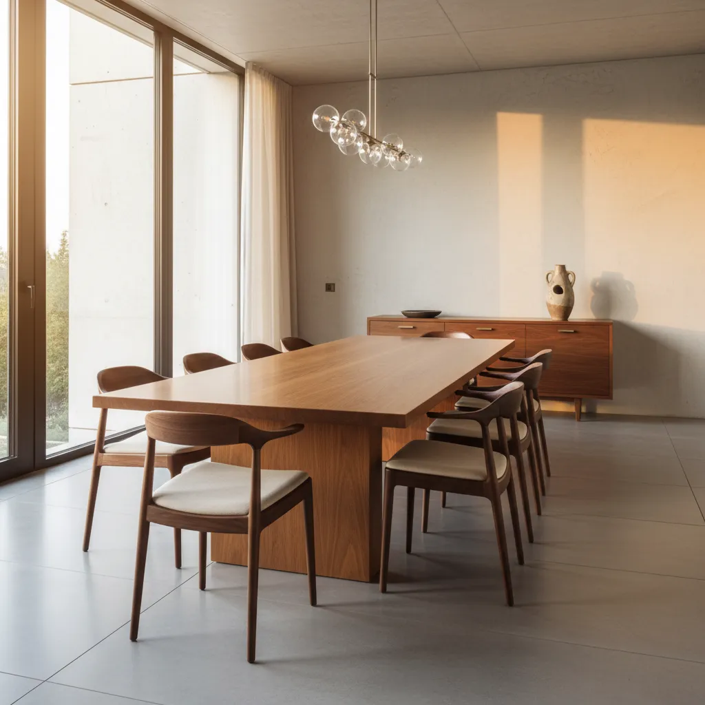 Minimalist dining room with large wooden table, matching chairs, wood cabinet, and glass ceiling light