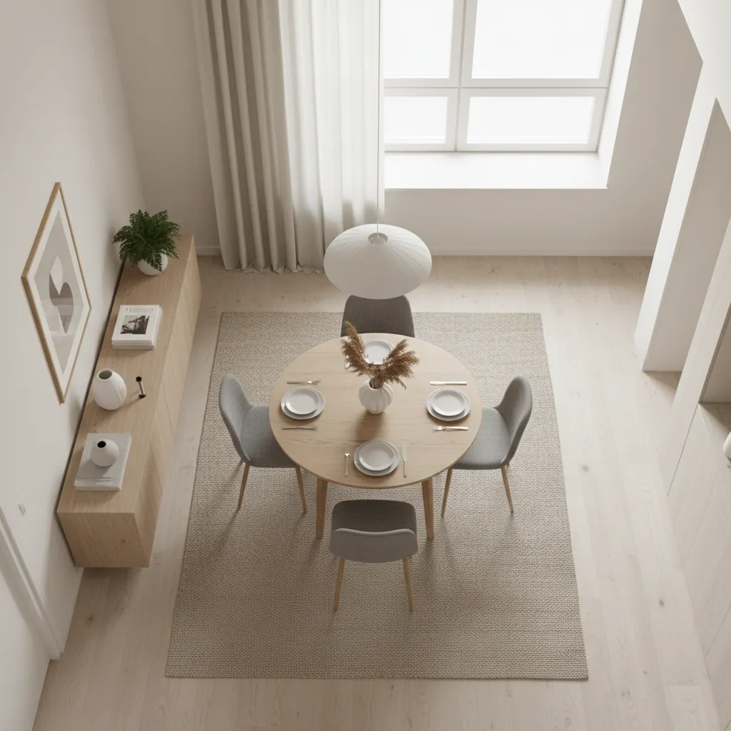 Mesa de comedor con espacio adecuado para sillas y circulación