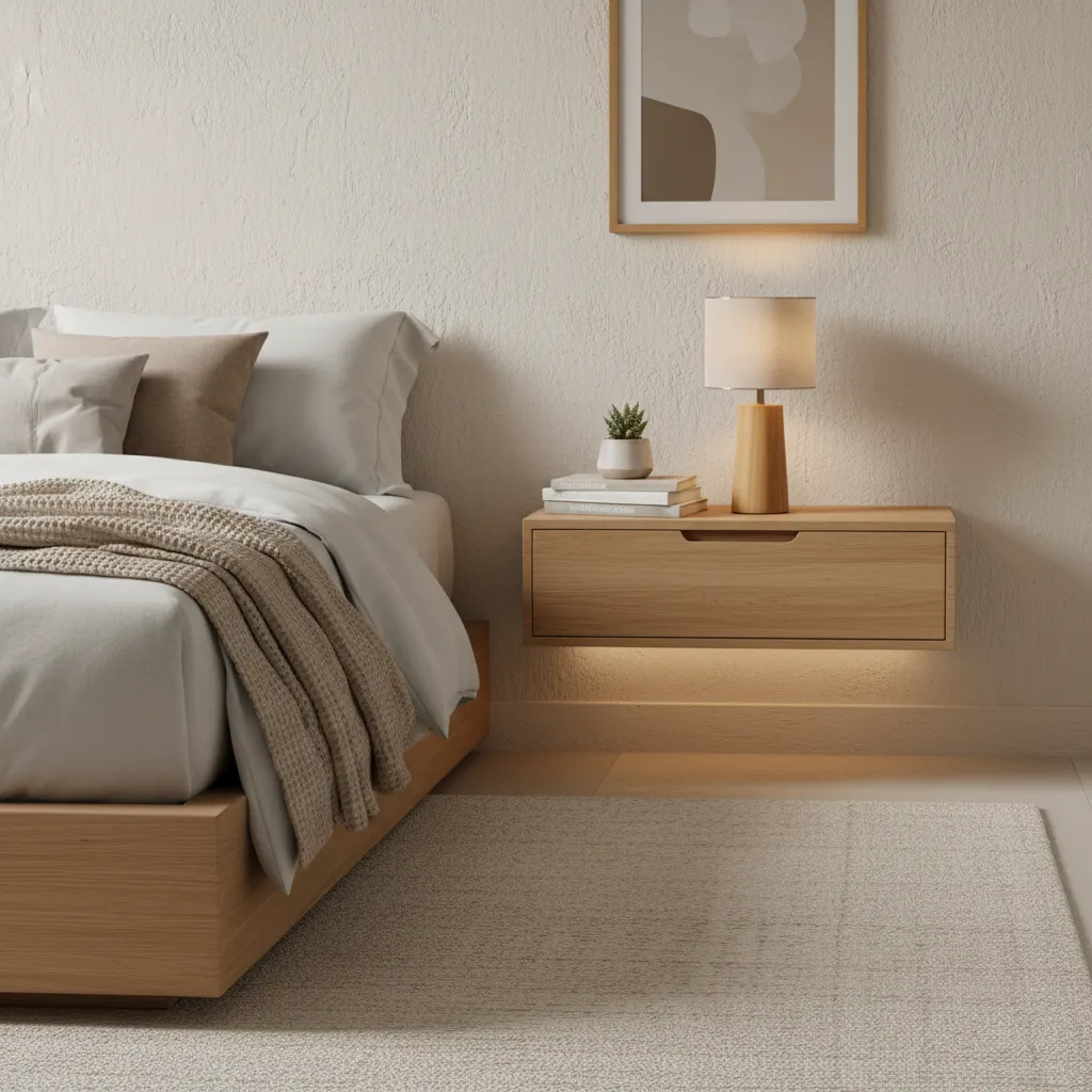 Mesa de luz flotante minimalista en dormitorio moderno