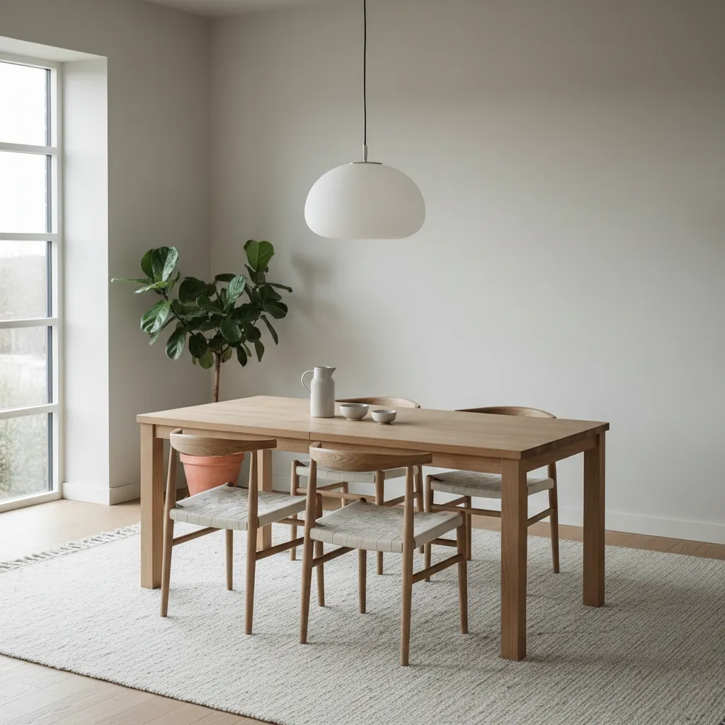 Mesa de comedor escandinava de roble claro con diseño minimalista
