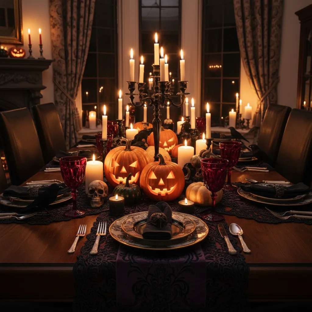 Mesa decorada para cena de Halloween con velas y calabazas