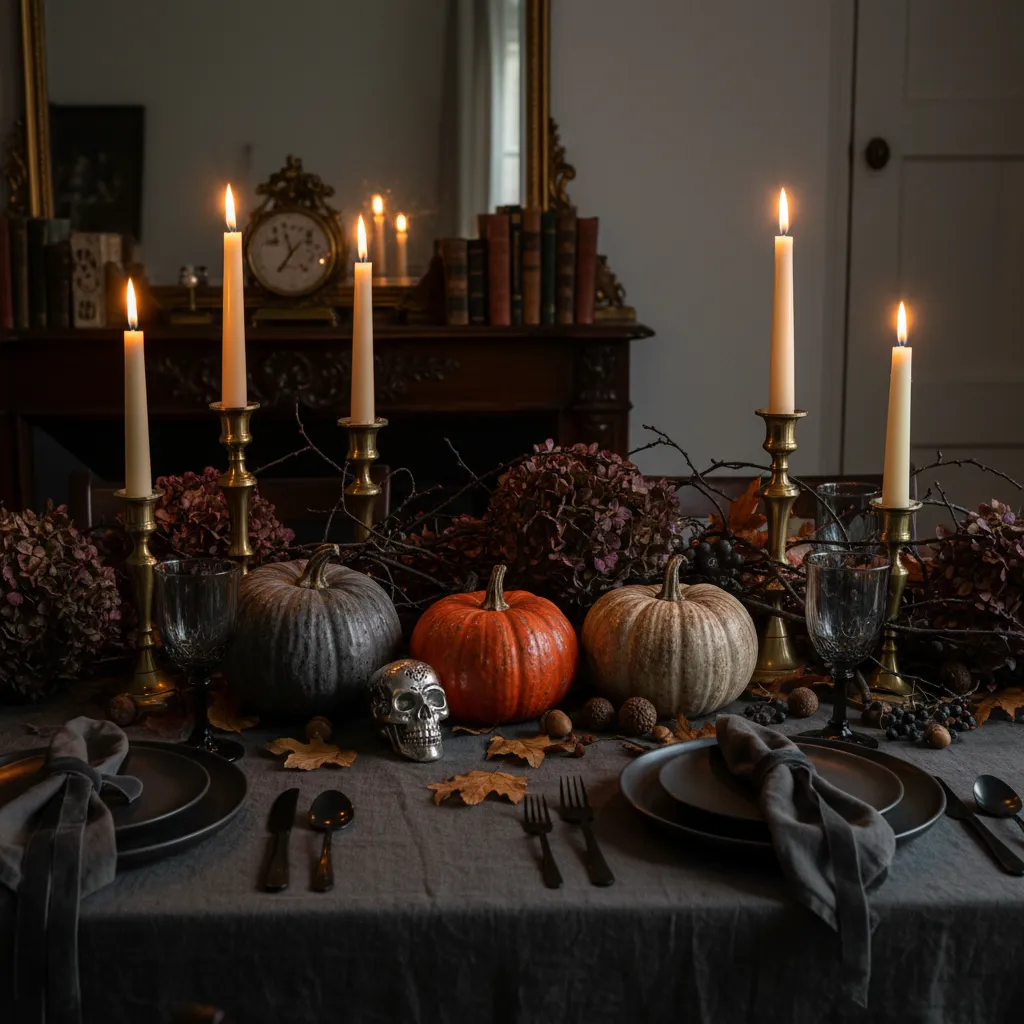 Mesa decorada para Halloween con velas y calabaza