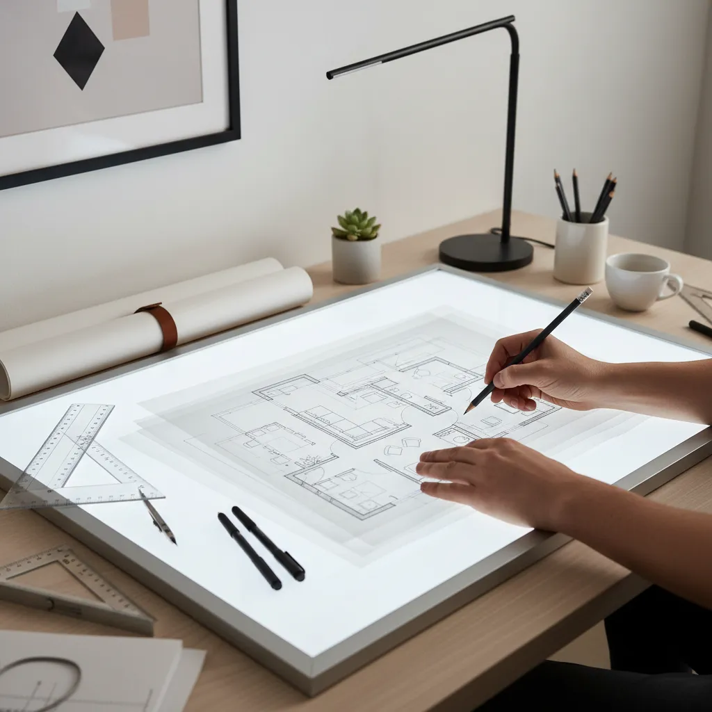 Plano de interior calcado sobre mesa de luz con papel vegetal