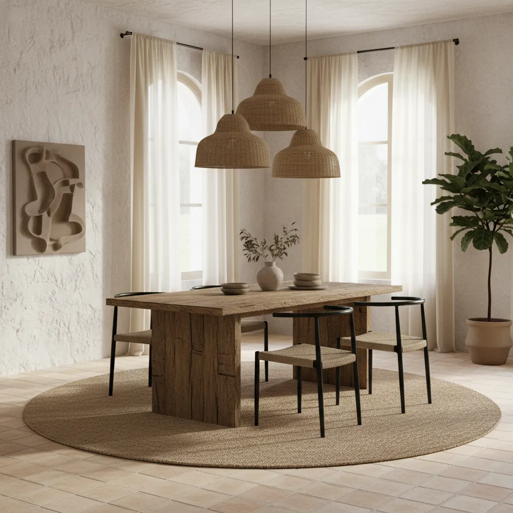 Mesa de comedor de madera reciclada en interior contemporáneo