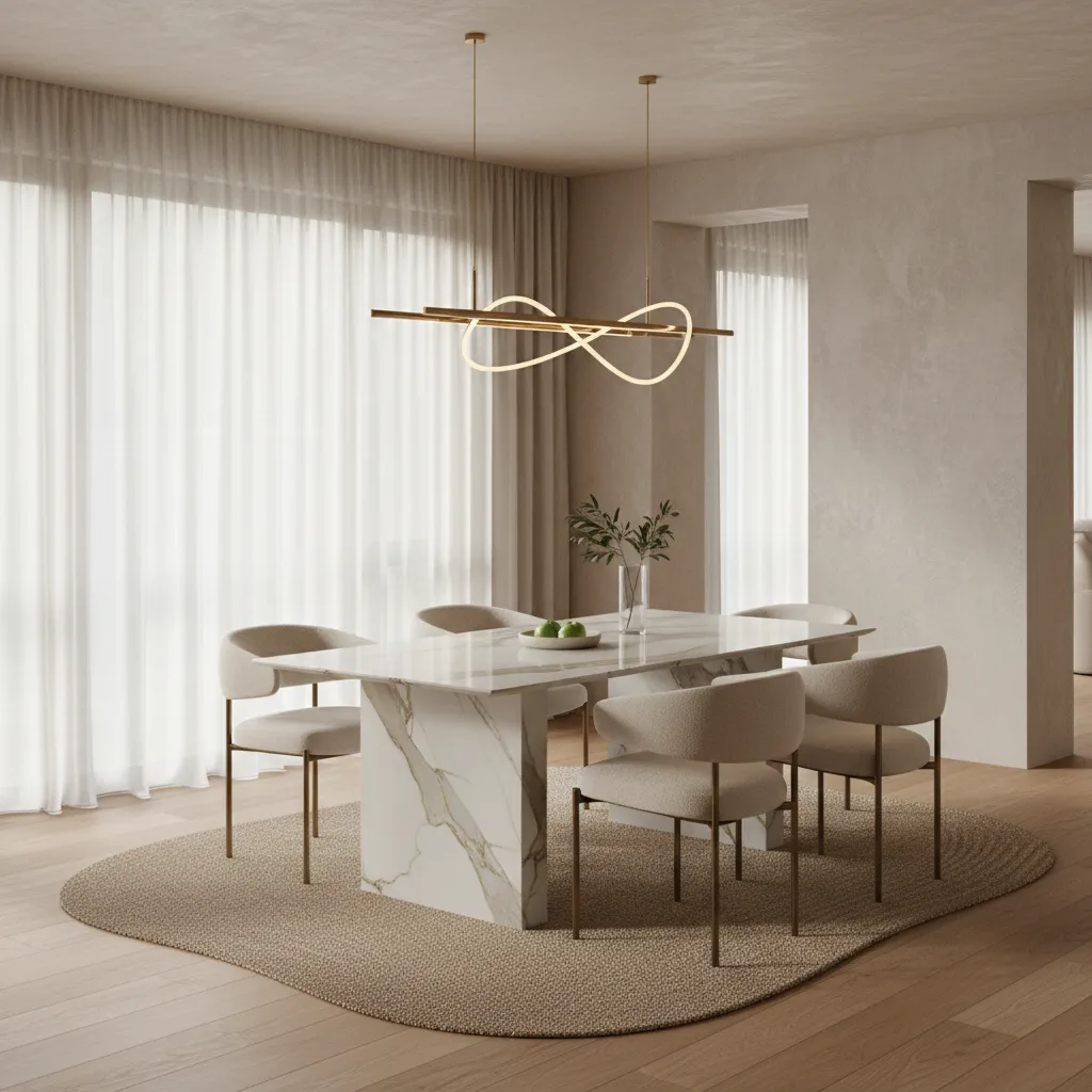 Mesa de comedor de mármol en un interior moderno