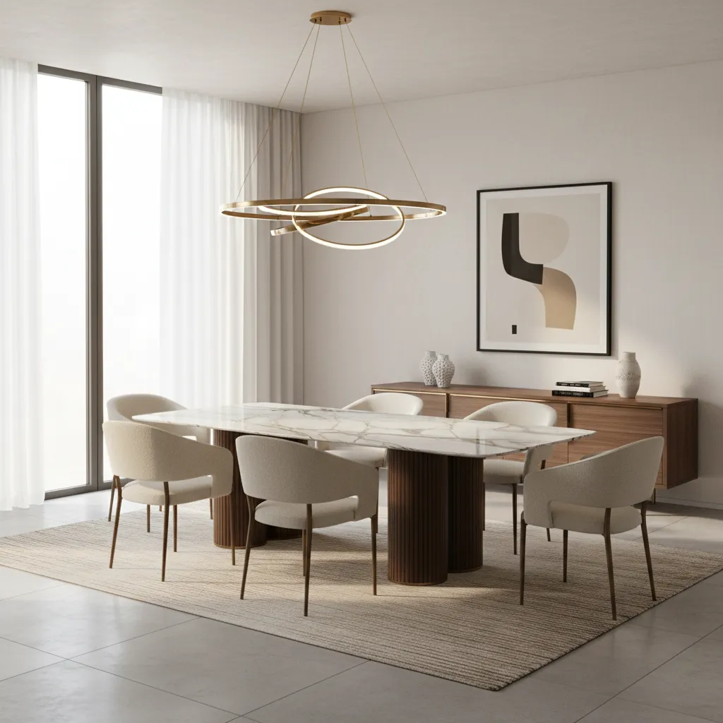Modern dining room with marble table cream chairs gold circular ceiling light and wooden cabinet