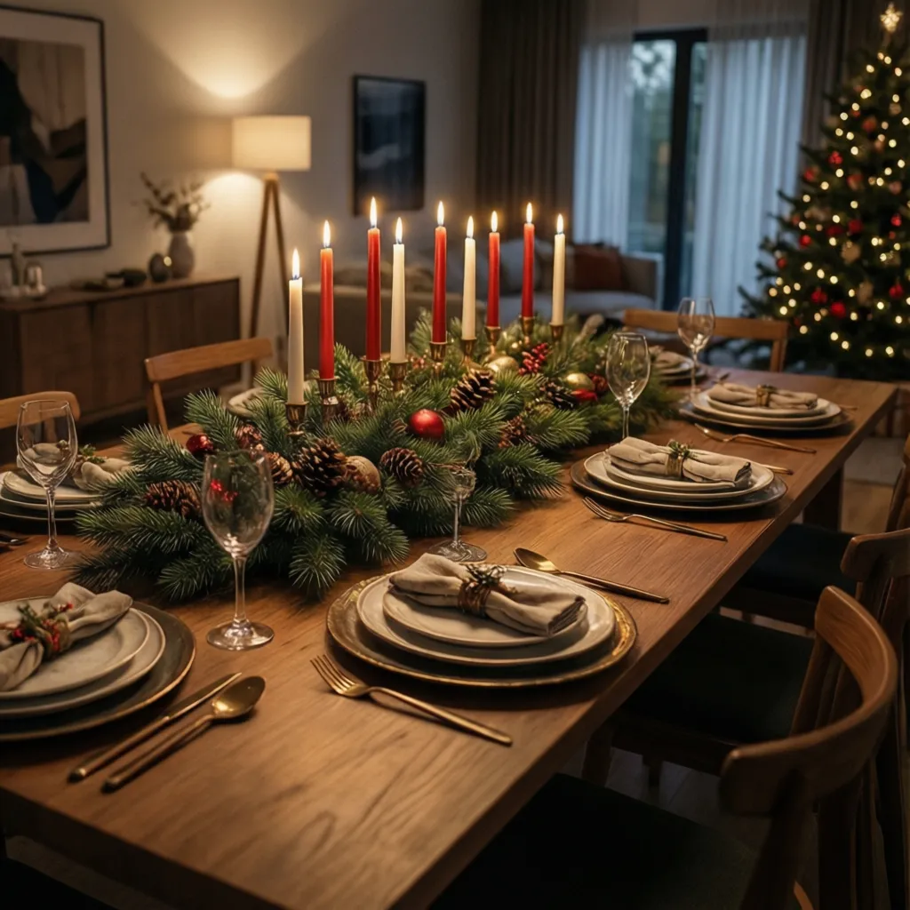 mesa de comedor decorada para cena de Navidad con velas y ramas de pino