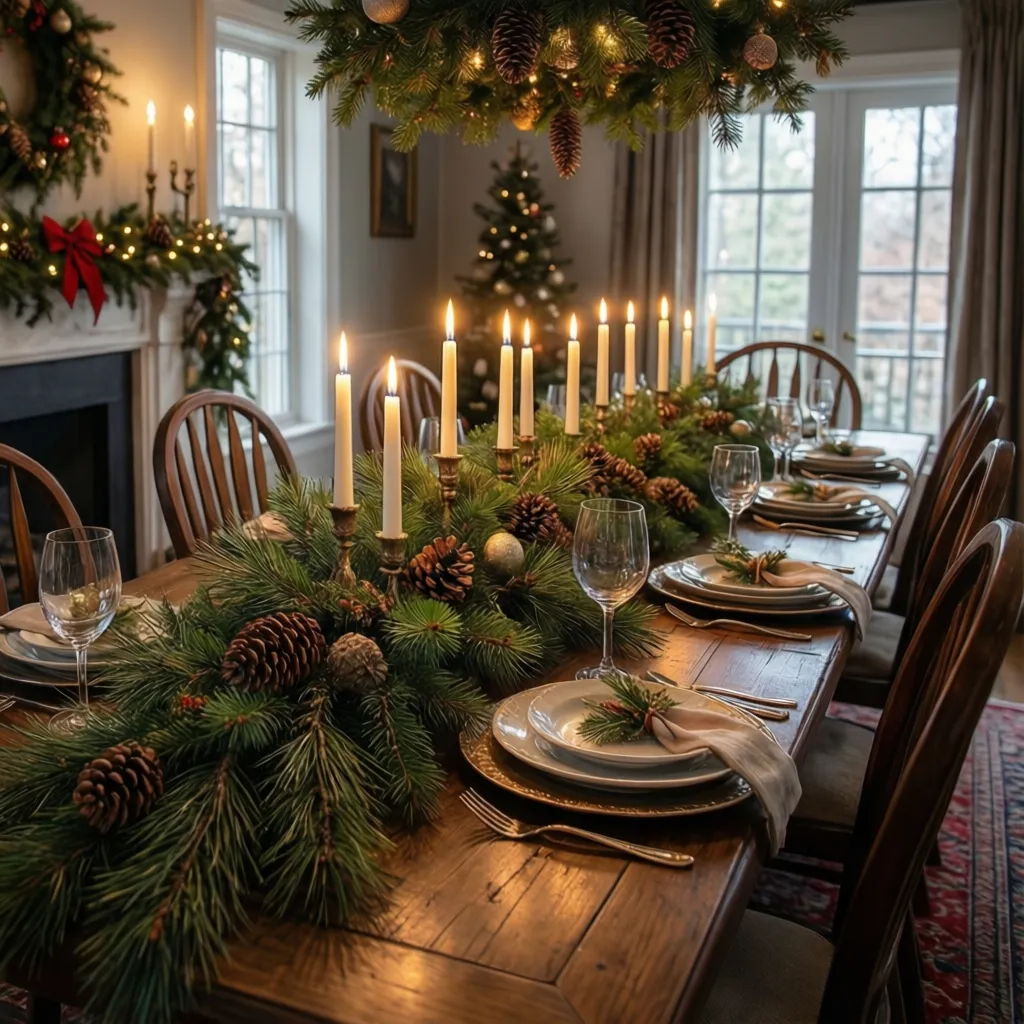 Mesa de comedor con centro navideño natural y velas