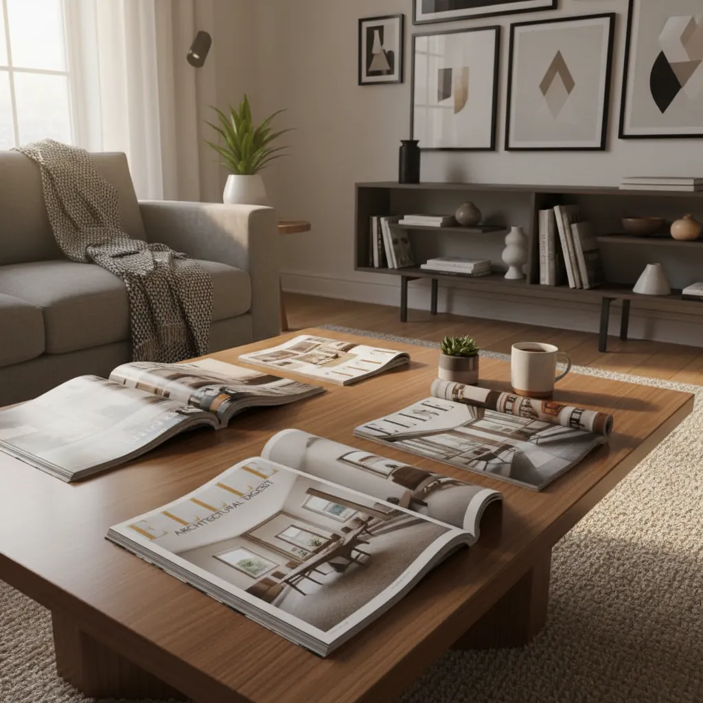 Mesa de centro con varias revistas de decoración abiertas