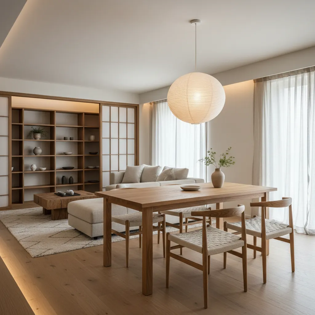 Japandi style living room with wooden dining table, round ceiling light, sofa, and storage shelves