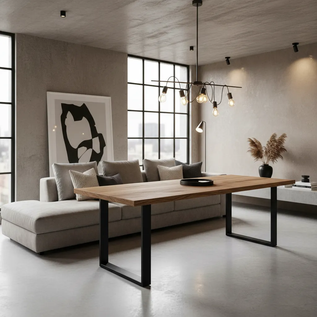 Wooden table with black metal legs in modern room with grey sofa and ceiling light