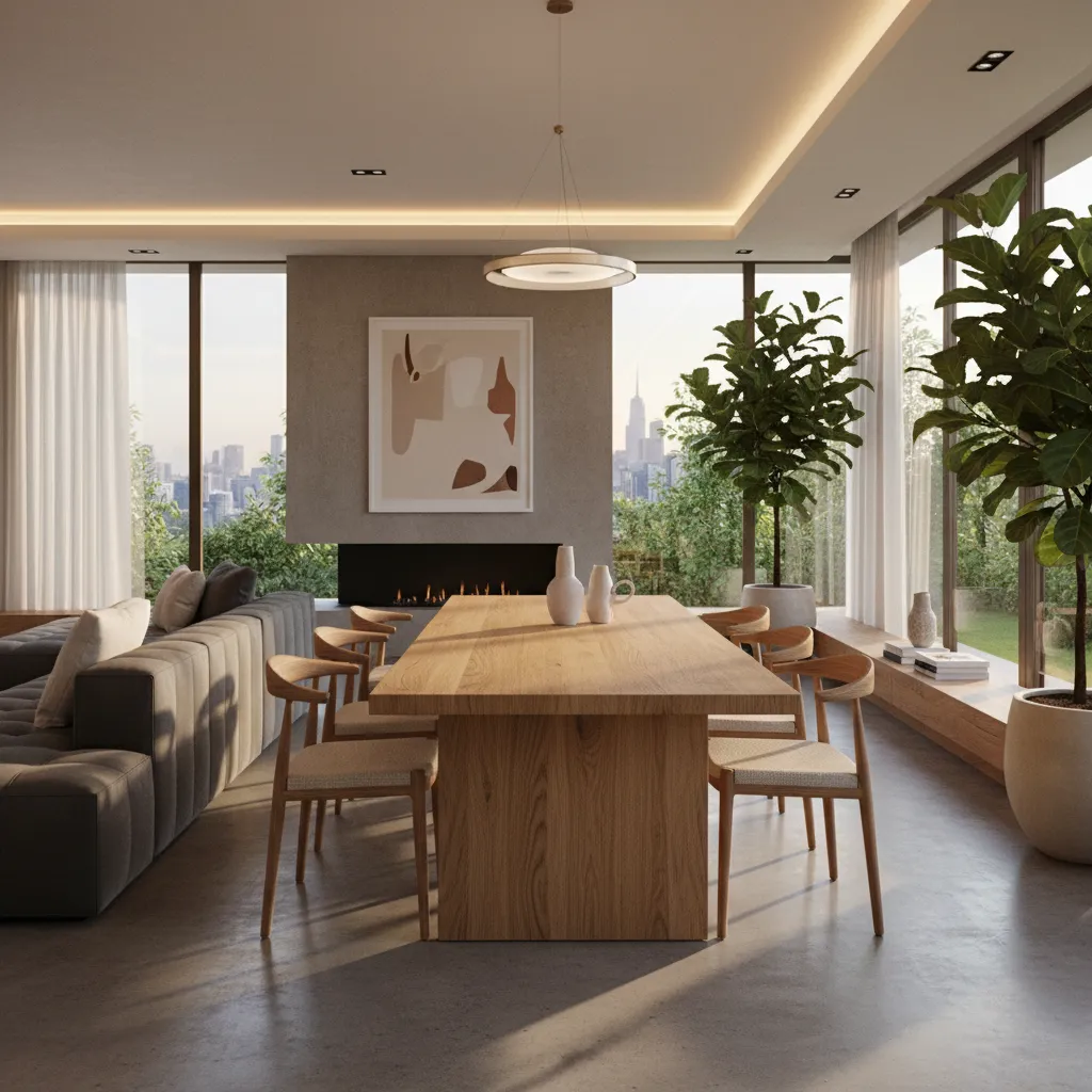Modern dining room with a wooden table, grey sofa, fireplace, indoor plants, and city view