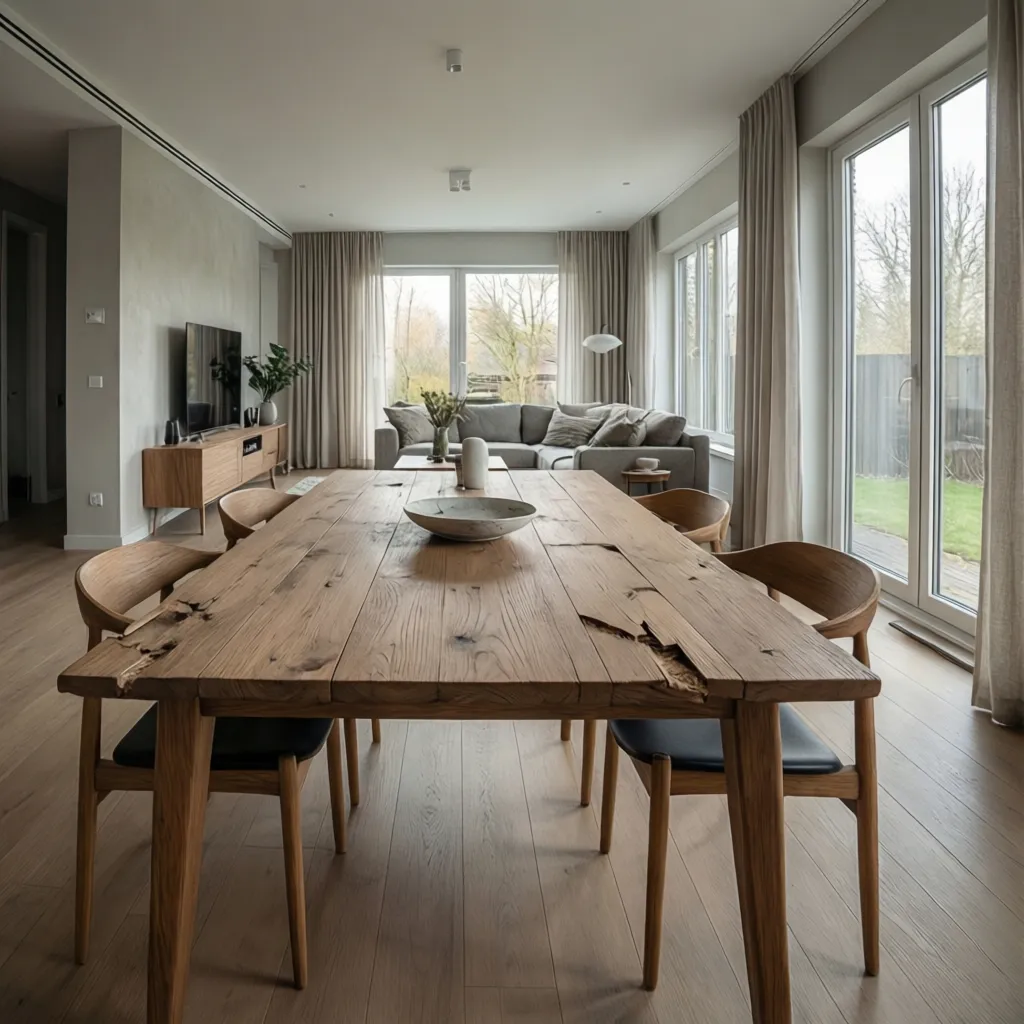 Rustic wooden dining table with chairs in an open living area with a grey sofa