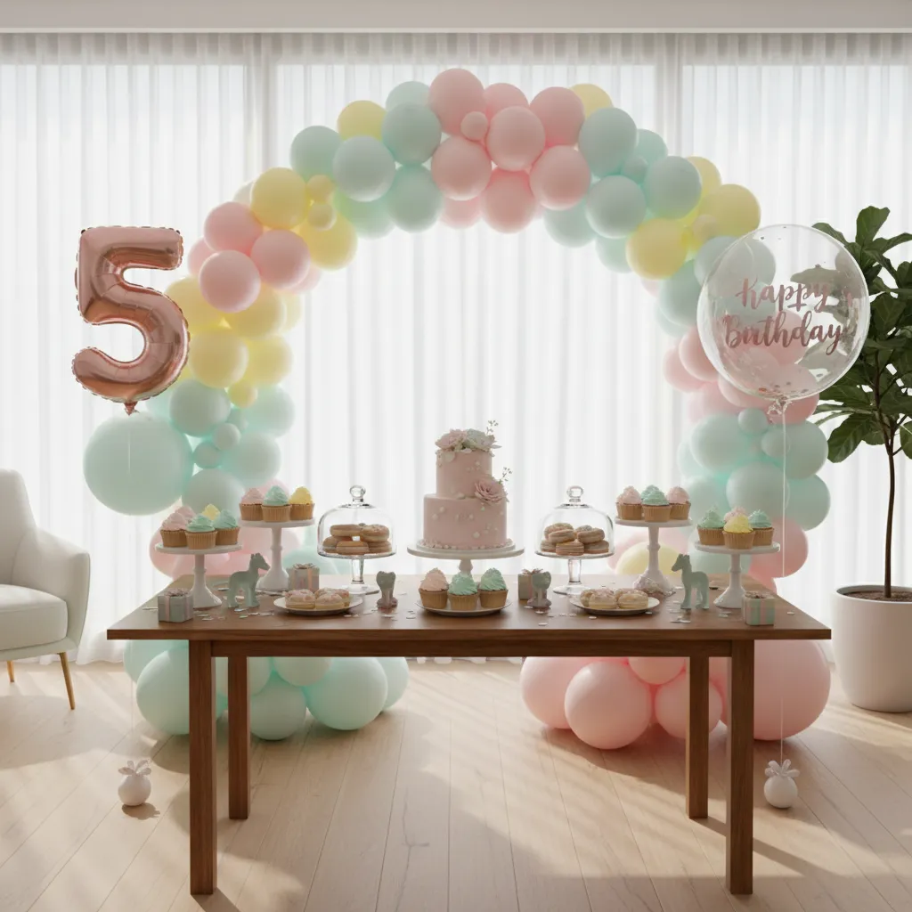 Mesa principal de fiesta infantil con fondo decorativo y globos