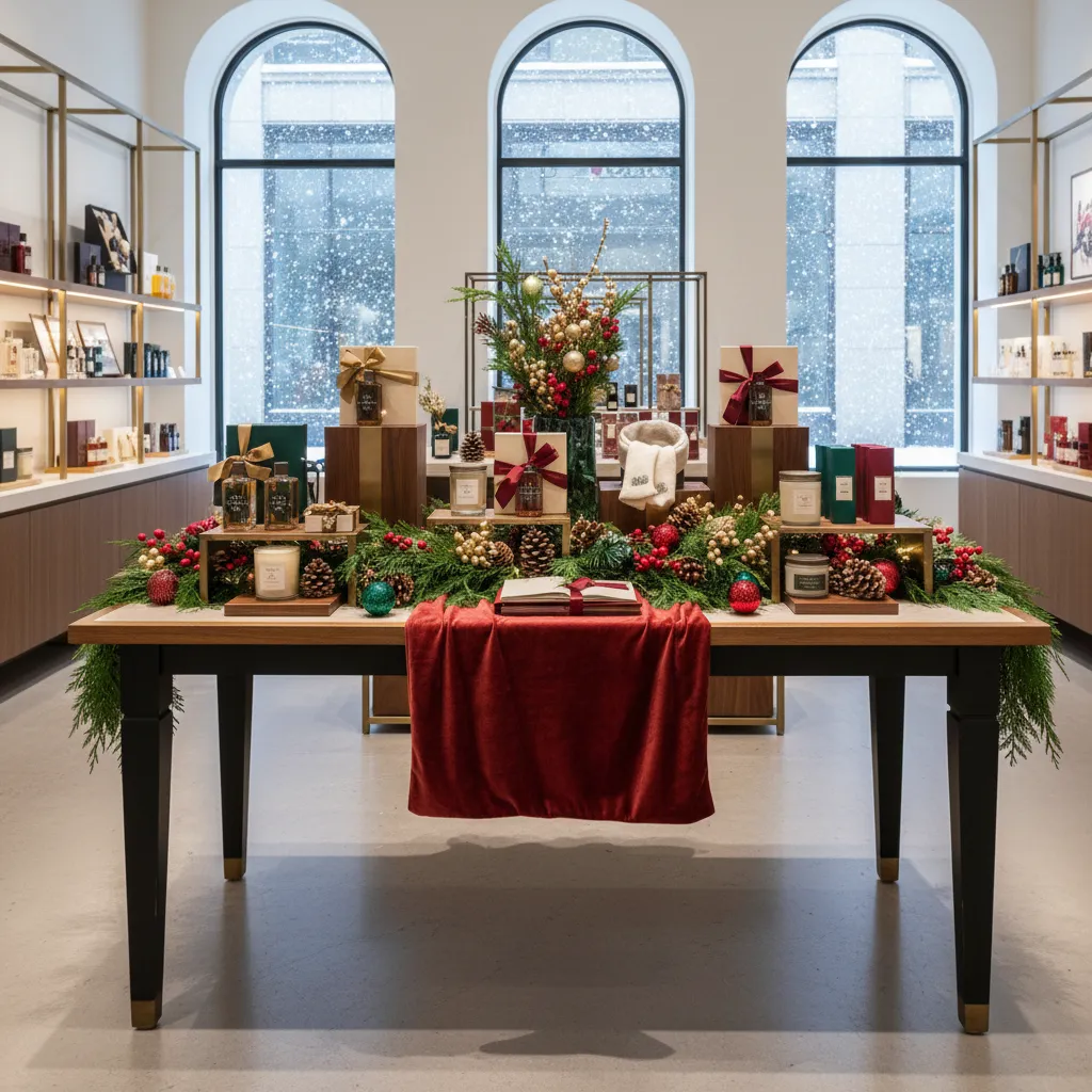 Mesa central de tienda con productos y decoración navideña organizada