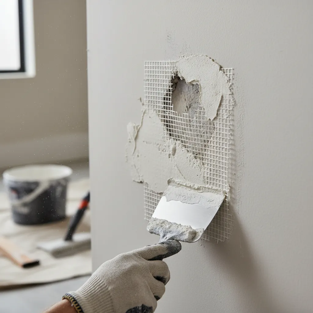 mesh drywall patch placed over medium wall hole before compound application
