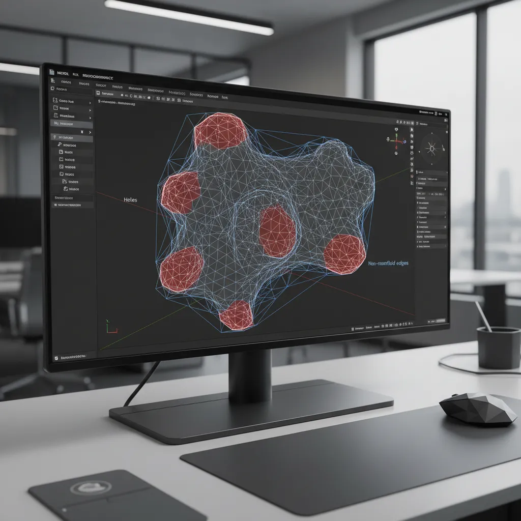 3D mesh model with highlighted geometry errors before repair