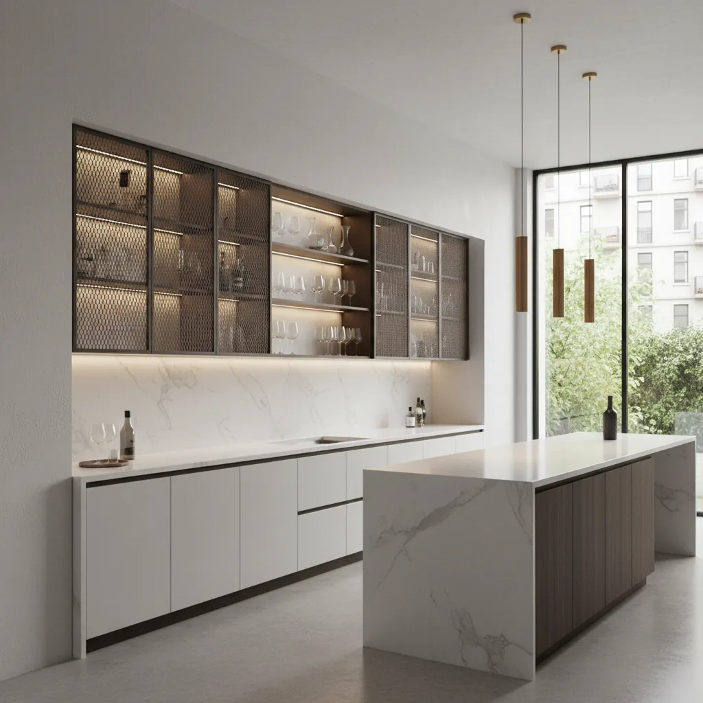 kitchen cabinet doors combining metal mesh panels with glass backing